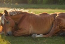 Hyperrealistic photograph of a beautiful, healthy horse peacefully lying stretched out on its side in a lush green meadow, eyes closed in deep sleep. Soft golden hour sunlight bathes the scene, highlighting detailed fur textures. Serene atmosphere, perfect anatomy, no text or letters.