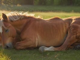 Hyperrealistic photograph of a beautiful, healthy horse peacefully lying stretched out on its side in a lush green meadow, eyes closed in deep sleep. Soft golden hour sunlight bathes the scene, highlighting detailed fur textures. Serene atmosphere, perfect anatomy, no text or letters.