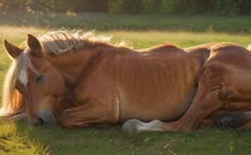 Schläft Ihr Pferd im Liegen? Wann das normal ist – und wann nicht! Hyperrealistic photograph of a beautiful, healthy horse peacefully lying stretched out on its side in a lush green meadow, eyes closed in deep sleep. Soft golden hour sunlight bathes the scene, highlighting detailed fur textures. Serene atmosphere, perfect anatomy, no text or letters.