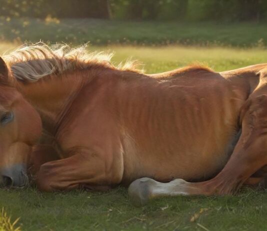 Hyperrealistic photograph of a beautiful, healthy horse peacefully lying stretched out on its side in a lush green meadow, eyes closed in deep sleep. Soft golden hour sunlight bathes the scene, highlighting detailed fur textures. Serene atmosphere, perfect anatomy, no text or letters.