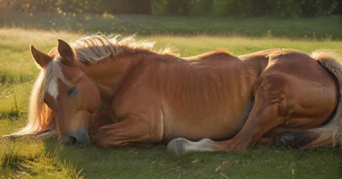 Hyperrealistic photograph of a beautiful, healthy horse peacefully lying stretched out on its side in a lush green meadow, eyes closed in deep sleep. Soft golden hour sunlight bathes the scene, highlighting detailed fur textures. Serene atmosphere, perfect anatomy, no text or letters.