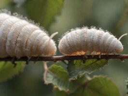 Hyperrealistic macro photograph showcasing the incredible life cycle of a silkworm: a tiny egg, a plump larva feeding on a mulberry leaf, and a pristine, shimmering silk cocoon. Focus on intricate textures, vibrant natural colors, and exquisite detail under soft, diffused sunlight. Absolutely no text or letters.
