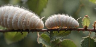 Hyperrealistic macro photograph showcasing the incredible life cycle of a silkworm: a tiny egg, a plump larva feeding on a mulberry leaf, and a pristine, shimmering silk cocoon. Focus on intricate textures, vibrant natural colors, and exquisite detail under soft, diffused sunlight. Absolutely no text or letters.