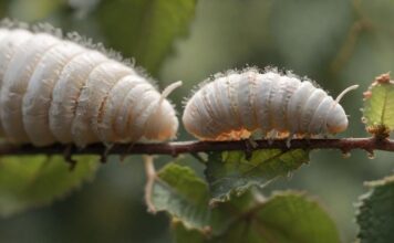 Seidenraupen züchten: Vom Ei zum Kokon – eine Anleitung! Hyperrealistic macro photograph showcasing the incredible life cycle of a silkworm: a tiny egg, a plump larva feeding on a mulberry leaf, and a pristine, shimmering silk cocoon. Focus on intricate textures, vibrant natural colors, and exquisite detail under soft, diffused sunlight. Absolutely no text or letters.