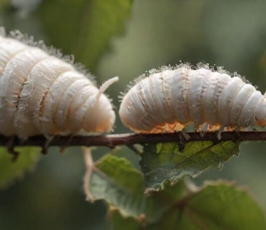 Hyperrealistic macro photograph showcasing the incredible life cycle of a silkworm: a tiny egg, a plump larva feeding on a mulberry leaf, and a pristine, shimmering silk cocoon. Focus on intricate textures, vibrant natural colors, and exquisite detail under soft, diffused sunlight. Absolutely no text or letters.