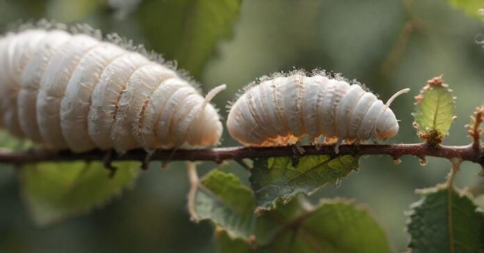 Hyperrealistic macro photograph showcasing the incredible life cycle of a silkworm: a tiny egg, a plump larva feeding on a mulberry leaf, and a pristine, shimmering silk cocoon. Focus on intricate textures, vibrant natural colors, and exquisite detail under soft, diffused sunlight. Absolutely no text or letters.