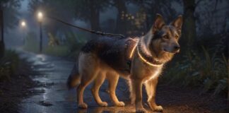 Hyperrealistic, photorealistic capture of a dog on a dimly lit path at dusk. The dog is wearing an illuminated LED collar and a reflective harness, casting a bright, clear glow. Soft streetlights illuminate the damp path. Detailed fur, no artifacts, no text.