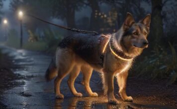 Hyperrealistic, photorealistic capture of a dog on a dimly lit path at dusk. The dog is wearing an illuminated LED collar and a reflective harness, casting a bright, clear glow. Soft streetlights illuminate the damp path. Detailed fur, no artifacts, no text.