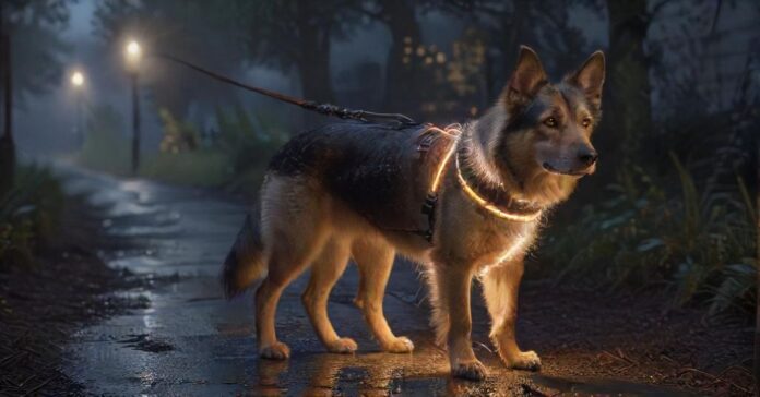 sichtbarkeit-im-dunkeln-so-schuetzen-sie-ihren-hund-im-herbst-und-winter-20250722-023441.jpg Hyperrealistic, photorealistic capture of a dog on a dimly lit path at dusk. The dog is wearing an illuminated LED collar and a reflective harness, casting a bright, clear glow. Soft streetlights illuminate the damp path. Detailed fur, no artifacts, no text.
