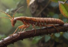 Hyperrealistic, ultra-detailed close-up of a vibrant brown stick insect perfectly camouflaged on a gnarled, textured hazelnut branch. Tiny water droplets glisten on the insect's exoskeleton and leaves. Soft, diffused natural light illuminates the scene inside a clear glass terrarium. Extreme photorealism, sharp focus, no text.