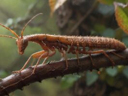 Hyperrealistic, ultra-detailed close-up of a vibrant brown stick insect perfectly camouflaged on a gnarled, textured hazelnut branch. Tiny water droplets glisten on the insect's exoskeleton and leaves. Soft, diffused natural light illuminates the scene inside a clear glass terrarium. Extreme photorealism, sharp focus, no text.