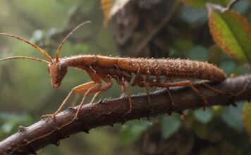 Hyperrealistic, ultra-detailed close-up of a vibrant brown stick insect perfectly camouflaged on a gnarled, textured hazelnut branch. Tiny water droplets glisten on the insect's exoskeleton and leaves. Soft, diffused natural light illuminates the scene inside a clear glass terrarium. Extreme photorealism, sharp focus, no text.