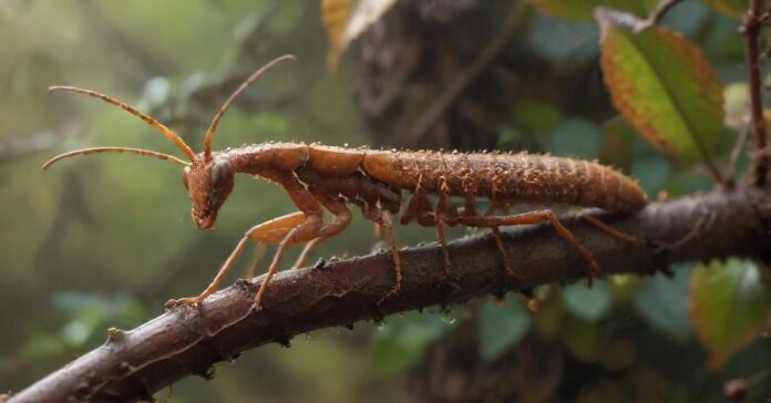 Hyperrealistic, ultra-detailed close-up of a vibrant brown stick insect perfectly camouflaged on a gnarled, textured hazelnut branch. Tiny water droplets glisten on the insect's exoskeleton and leaves. Soft, diffused natural light illuminates the scene inside a clear glass terrarium. Extreme photorealism, sharp focus, no text.