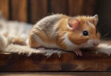 Hyperrealistic, photorealistic close-up of a delicate hamster cautiously peeking over a textured wooden platform's edge. Below, a very deep, soft layer of fluffy bedding cushions the view. Ultra-detailed fur, alert eyes, natural diffused lighting, shallow depth of field. Absolutely no text.