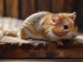 Hyperrealistic, photorealistic close-up of a delicate hamster cautiously peeking over a textured wooden platform's edge. Below, a very deep, soft layer of fluffy bedding cushions the view. Ultra-detailed fur, alert eyes, natural diffused lighting, shallow depth of field. Absolutely no text.