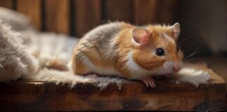 Hyperrealistic, photorealistic close-up of a delicate hamster cautiously peeking over a textured wooden platform's edge. Below, a very deep, soft layer of fluffy bedding cushions the view. Ultra-detailed fur, alert eyes, natural diffused lighting, shallow depth of field. Absolutely no text.