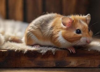 Hyperrealistic, photorealistic close-up of a delicate hamster cautiously peeking over a textured wooden platform's edge. Below, a very deep, soft layer of fluffy bedding cushions the view. Ultra-detailed fur, alert eyes, natural diffused lighting, shallow depth of field. Absolutely no text.