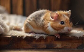 Hyperrealistic, photorealistic close-up of a delicate hamster cautiously peeking over a textured wooden platform's edge. Below, a very deep, soft layer of fluffy bedding cushions the view. Ultra-detailed fur, alert eyes, natural diffused lighting, shallow depth of field. Absolutely no text.
