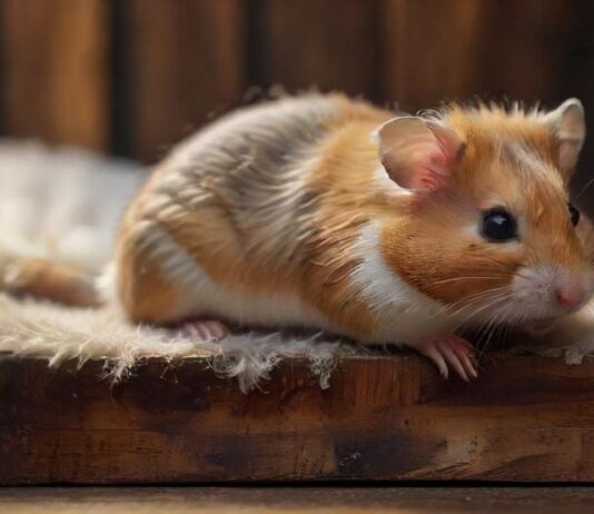 Hyperrealistic, photorealistic close-up of a delicate hamster cautiously peeking over a textured wooden platform's edge. Below, a very deep, soft layer of fluffy bedding cushions the view. Ultra-detailed fur, alert eyes, natural diffused lighting, shallow depth of field. Absolutely no text.