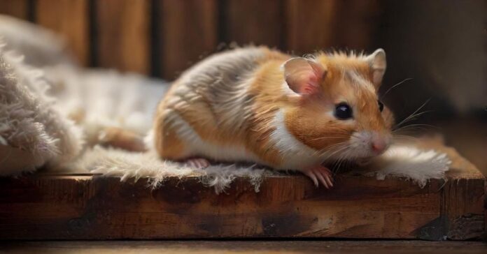 Hyperrealistic, photorealistic close-up of a delicate hamster cautiously peeking over a textured wooden platform's edge. Below, a very deep, soft layer of fluffy bedding cushions the view. Ultra-detailed fur, alert eyes, natural diffused lighting, shallow depth of field. Absolutely no text.