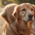Hyperrealistic close-up photograph of a lost, gentle golden retriever looking cautiously at a calmly outstretched human hand. Set on a sunlit suburban path. Soft golden hour light, rich textures, perfect anatomy. Absolutely no text, no distortions, no extra limbs.