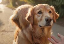 Hyperrealistic close-up photograph of a lost, gentle golden retriever looking cautiously at a calmly outstretched human hand. Set on a sunlit suburban path. Soft golden hour light, rich textures, perfect anatomy. Absolutely no text, no distortions, no extra limbs.