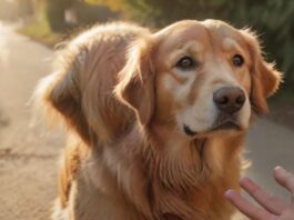 Hyperrealistic close-up photograph of a lost, gentle golden retriever looking cautiously at a calmly outstretched human hand. Set on a sunlit suburban path. Soft golden hour light, rich textures, perfect anatomy. Absolutely no text, no distortions, no extra limbs.