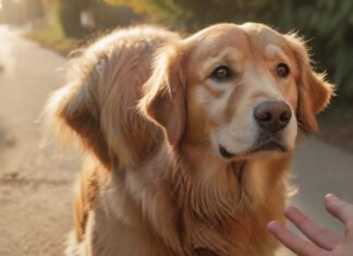 Tier gefunden – was tun? Der richtige Umgang mit Fundtieren! Hyperrealistic close-up photograph of a lost, gentle golden retriever looking cautiously at a calmly outstretched human hand. Set on a sunlit suburban path. Soft golden hour light, rich textures, perfect anatomy. Absolutely no text, no distortions, no extra limbs.