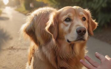 Tier gefunden – was tun? Der richtige Umgang mit Fundtieren! Hyperrealistic close-up photograph of a lost, gentle golden retriever looking cautiously at a calmly outstretched human hand. Set on a sunlit suburban path. Soft golden hour light, rich textures, perfect anatomy. Absolutely no text, no distortions, no extra limbs.