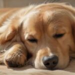 Hyperrealistic close-up of a serene, healthy golden retriever sleeping peacefully on a soft, warm blanket in a sunlit home. Natural light highlights fur texture. Soft background. Conveys well-being and responsible pet ownership, leading to peace of mind. Photorealistic, artifact-free, no text.