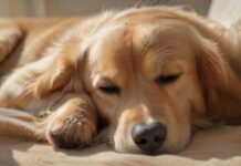 Hyperrealistic close-up of a serene, healthy golden retriever sleeping peacefully on a soft, warm blanket in a sunlit home. Natural light highlights fur texture. Soft background. Conveys well-being and responsible pet ownership, leading to peace of mind. Photorealistic, artifact-free, no text.