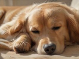 Hyperrealistic close-up of a serene, healthy golden retriever sleeping peacefully on a soft, warm blanket in a sunlit home. Natural light highlights fur texture. Soft background. Conveys well-being and responsible pet ownership, leading to peace of mind. Photorealistic, artifact-free, no text.