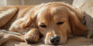 Hyperrealistic close-up of a serene, healthy golden retriever sleeping peacefully on a soft, warm blanket in a sunlit home. Natural light highlights fur texture. Soft background. Conveys well-being and responsible pet ownership, leading to peace of mind. Photorealistic, artifact-free, no text.