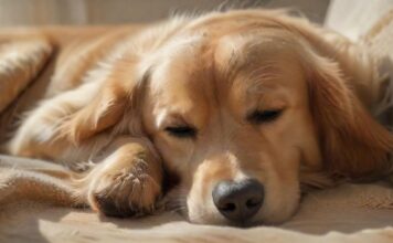 Hyperrealistic close-up of a serene, healthy golden retriever sleeping peacefully on a soft, warm blanket in a sunlit home. Natural light highlights fur texture. Soft background. Conveys well-being and responsible pet ownership, leading to peace of mind. Photorealistic, artifact-free, no text.