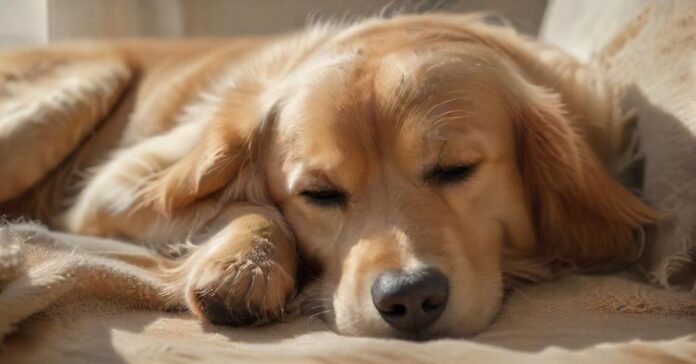 Hyperrealistic close-up of a serene, healthy golden retriever sleeping peacefully on a soft, warm blanket in a sunlit home. Natural light highlights fur texture. Soft background. Conveys well-being and responsible pet ownership, leading to peace of mind. Photorealistic, artifact-free, no text.